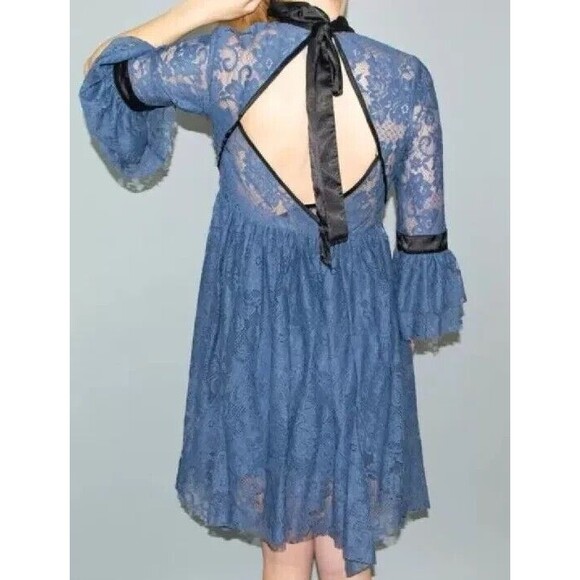 Free People Gilded Lace Victorian Mini Dress Dusty Blue Small P - Picture 2 of 15